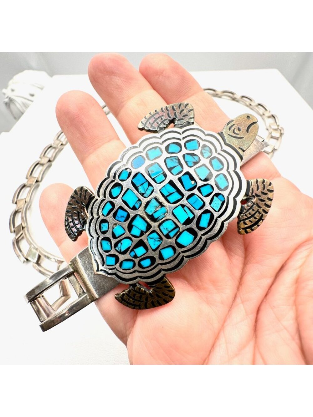 Vintage Taxco Mexico Turquoise Inlay Turtle Sterling Silver Belt 195 Grams 32"